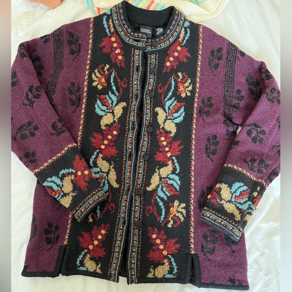Nordic Design Shetland Wool Blend Thick Cardigan Sweater Autumn Fair Isle Sz M